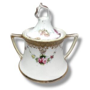Antique Nippon Covered Sugar Dish Floral Porcelain Circa 1911-1921 Hand Painted